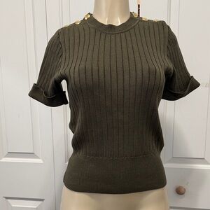 Yves Saint Laurent Olive Knit Top with Gold Buttons